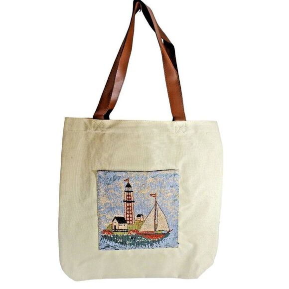 Lighthouse Tapestry Canvas Tote Bag Zippered Travel Shopping PVC Handles NEW - Picture 1 of 6